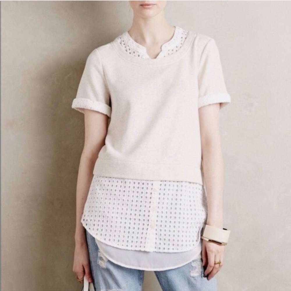 Anthropologie White Layered Short Sleeve Blouse